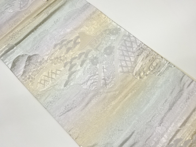 プラチナ箔蛇籠・花々に吹き寄せ・雲模様織出し袋帯